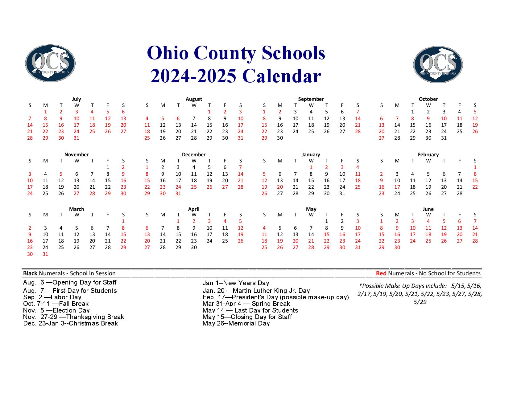 Ohio County Schools Calendar Holidays 20242025 PDF