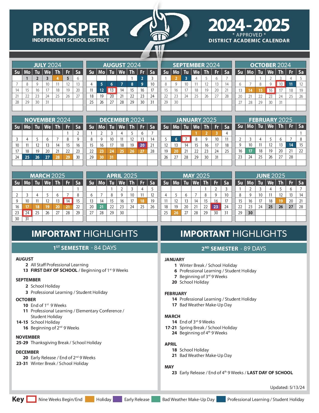 Prosper Independent School District Calendar 20242025