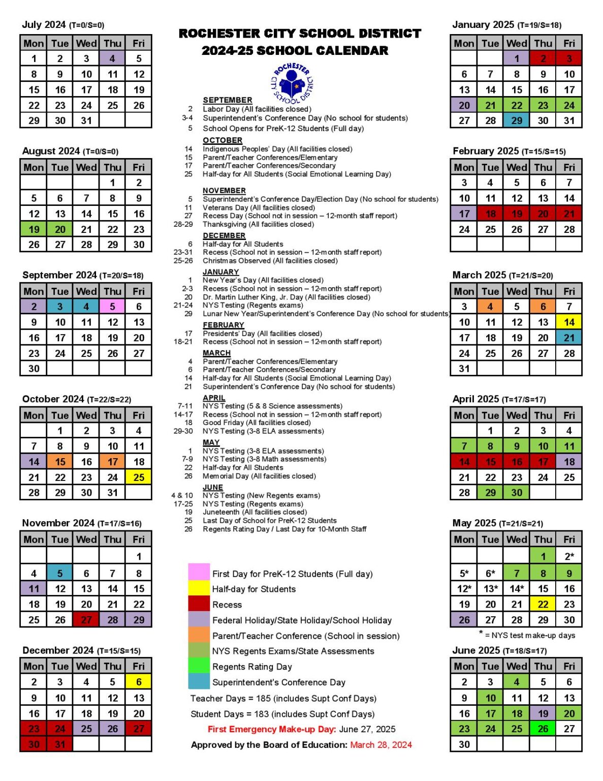 Rochester City School District Calendar 2024-2025