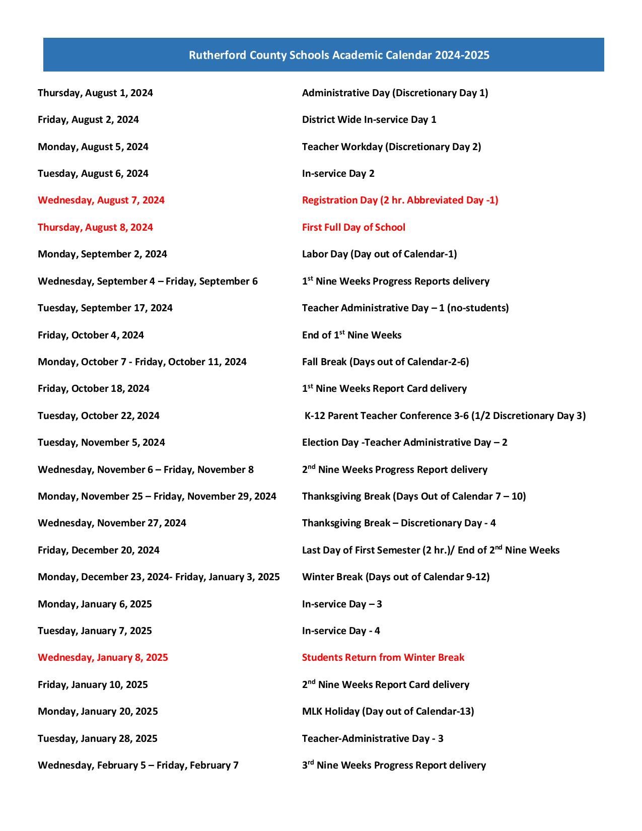 Rutherford County Schools Calendar Holidays 2024