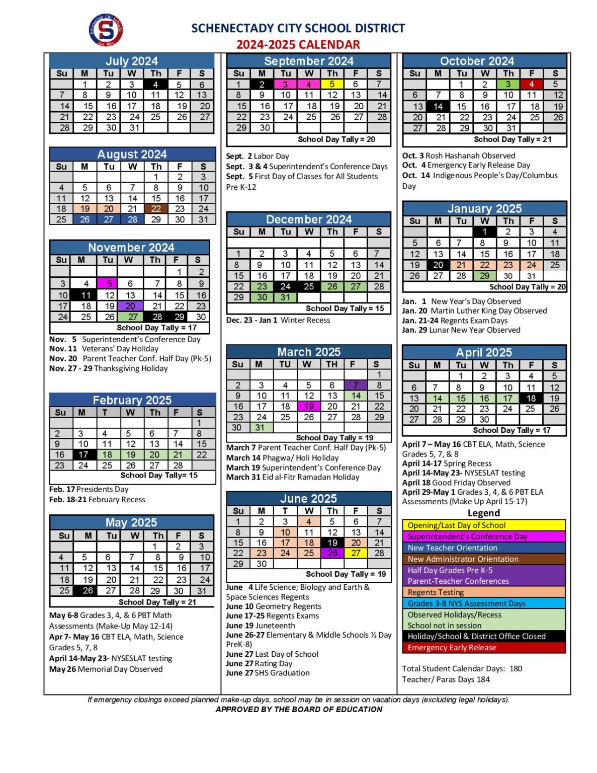 Schenectady City School District Calendar 20242025