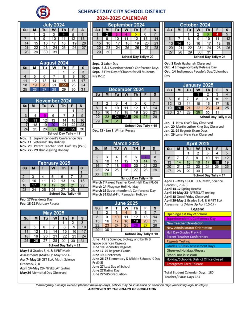 Schenectady City School District Calendar