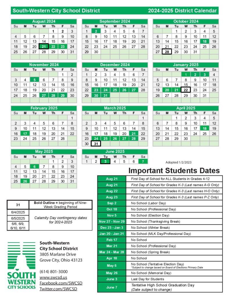 South-Western City School District Calendar