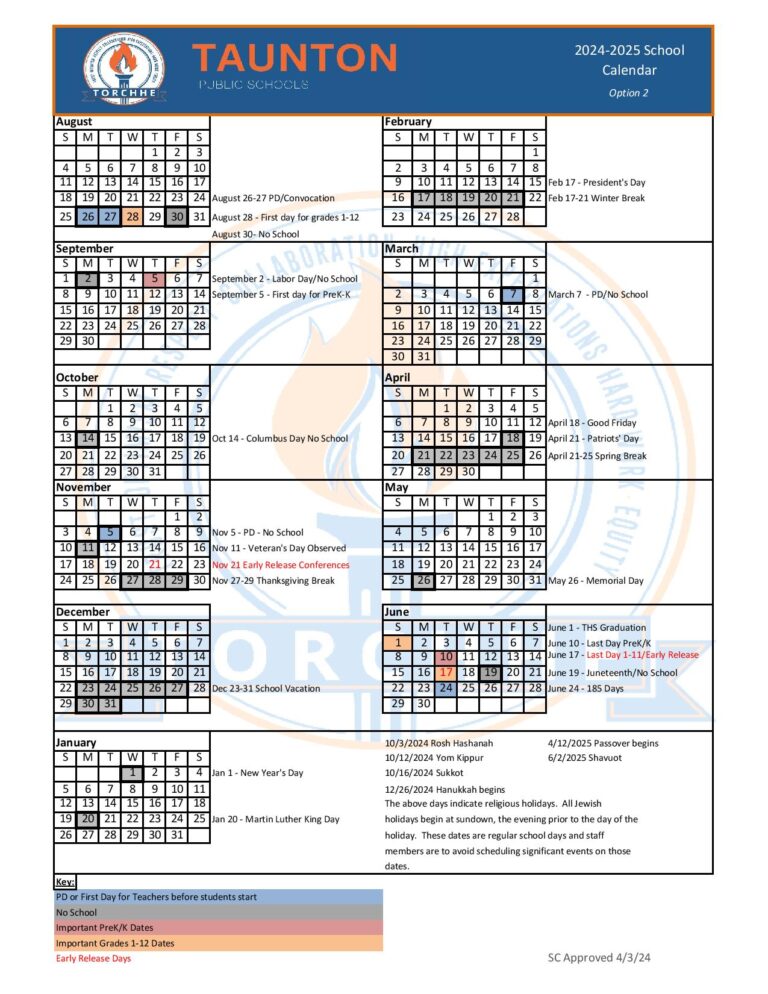 Taunton Public Schools Calendar 20242025 in PDF