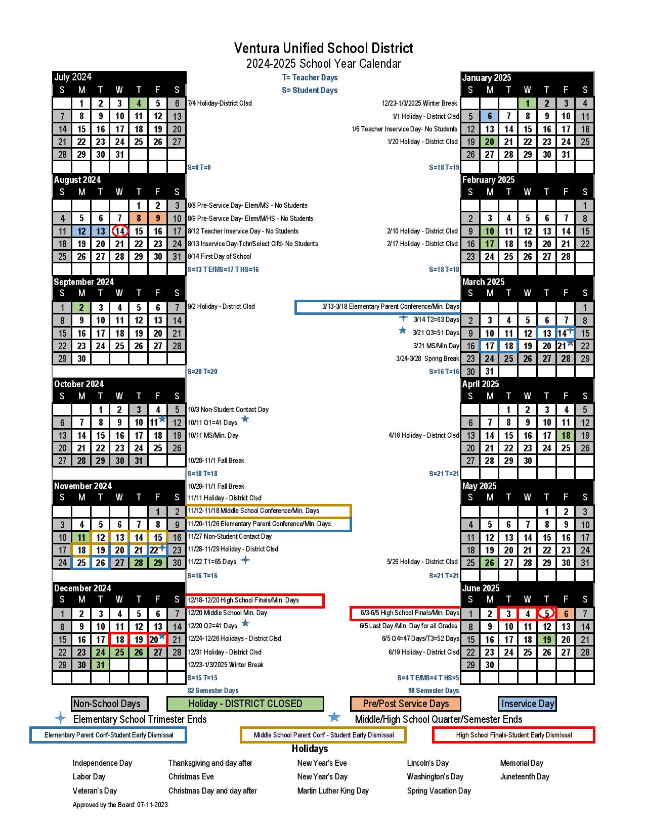 Ventura Unified School District Calendar 20242025 in PDF