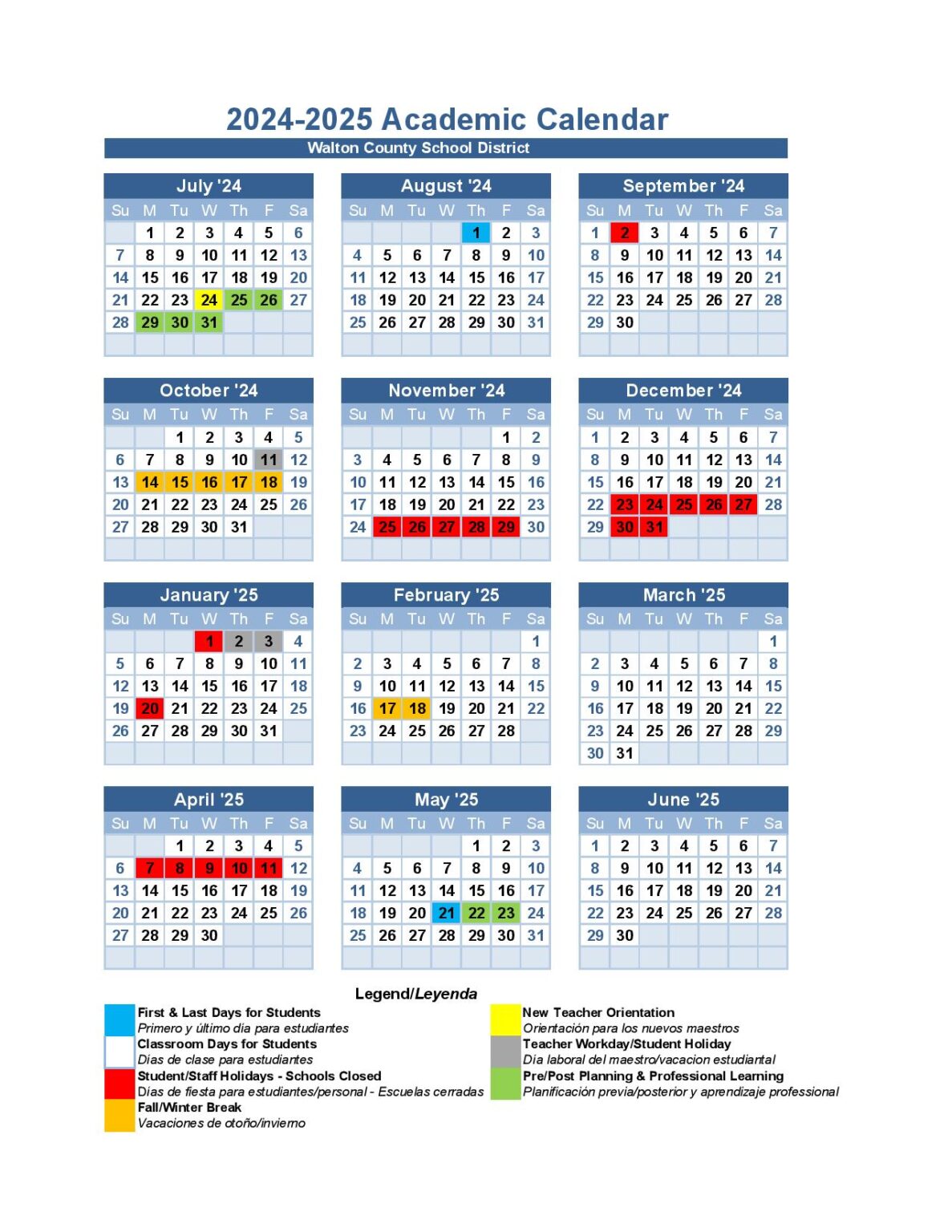 Walton County School District Calendar 20242025 in PDF