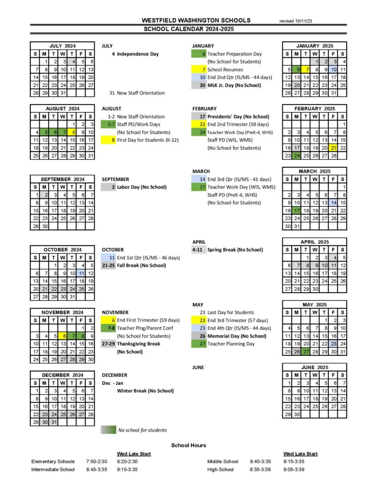 WestfieldWashington Schools Calendar 20242024 & Holidays