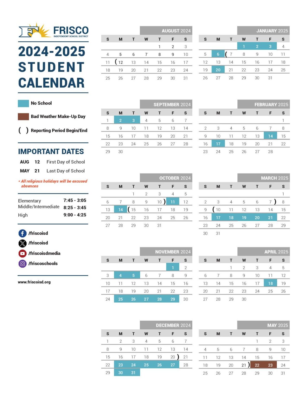 Frisco Independent School District Calendar 20242025 PDF