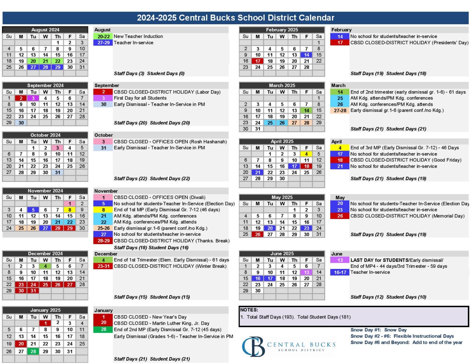 Central Bucks School District Calendar 2024-2025 in PDF