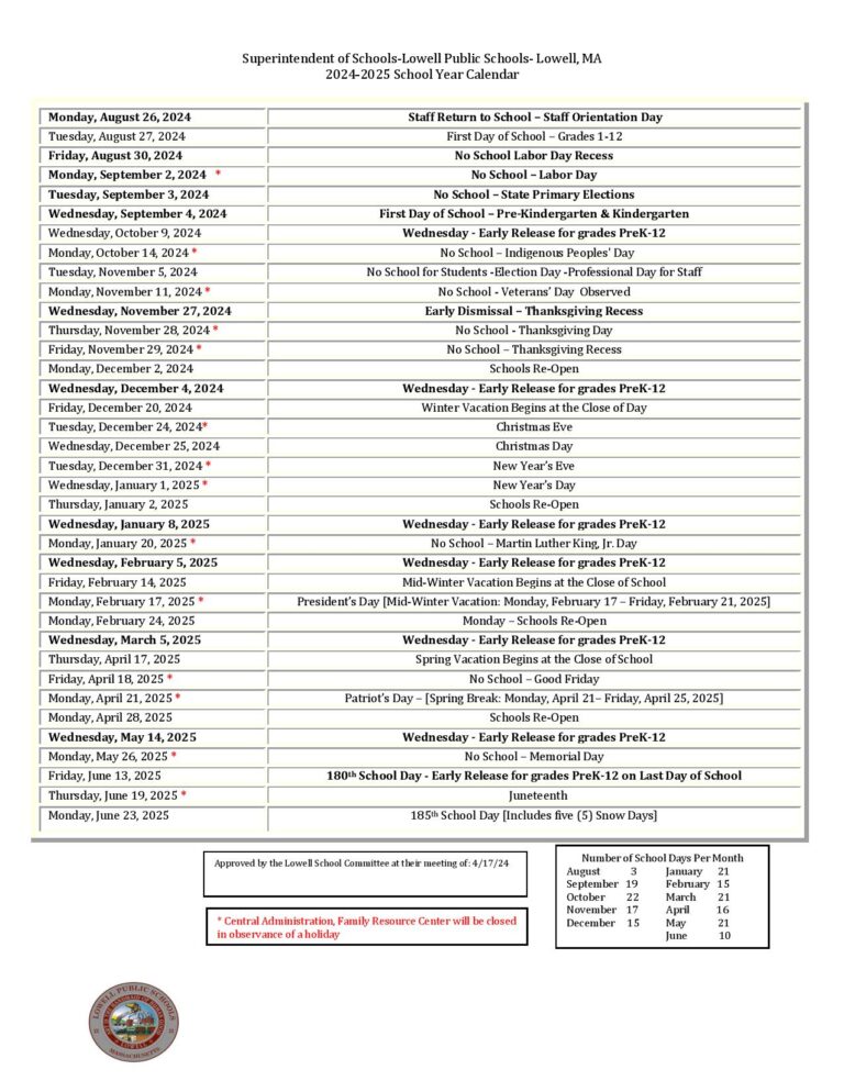 Lowell Public Schools Calendar 20242025 in PDF