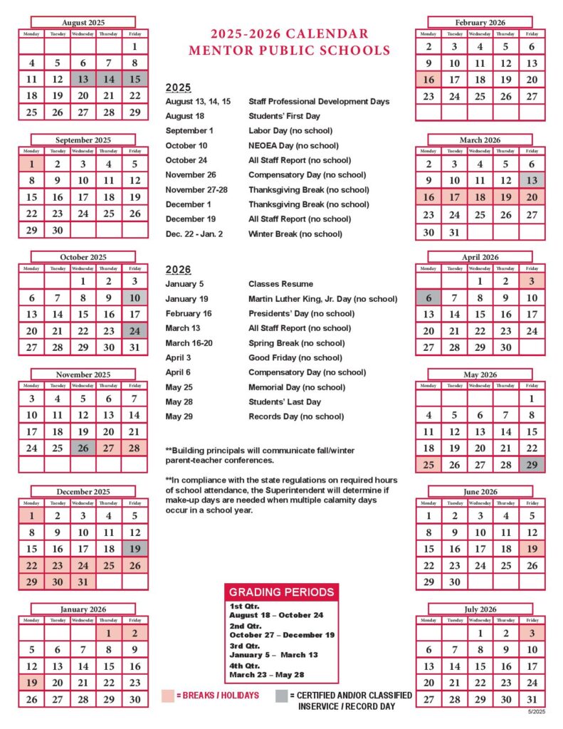 Mentor Public Schools Calendar 2025-2026