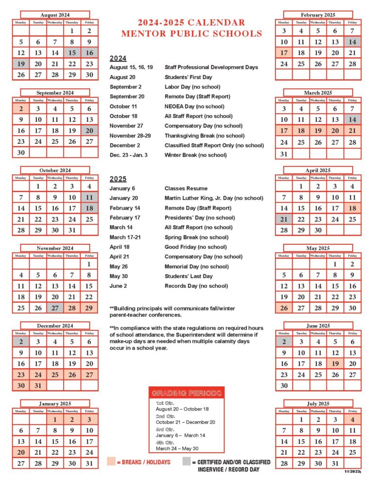 Mentor Public Schools Calendar 20242025 in PDF Holidays