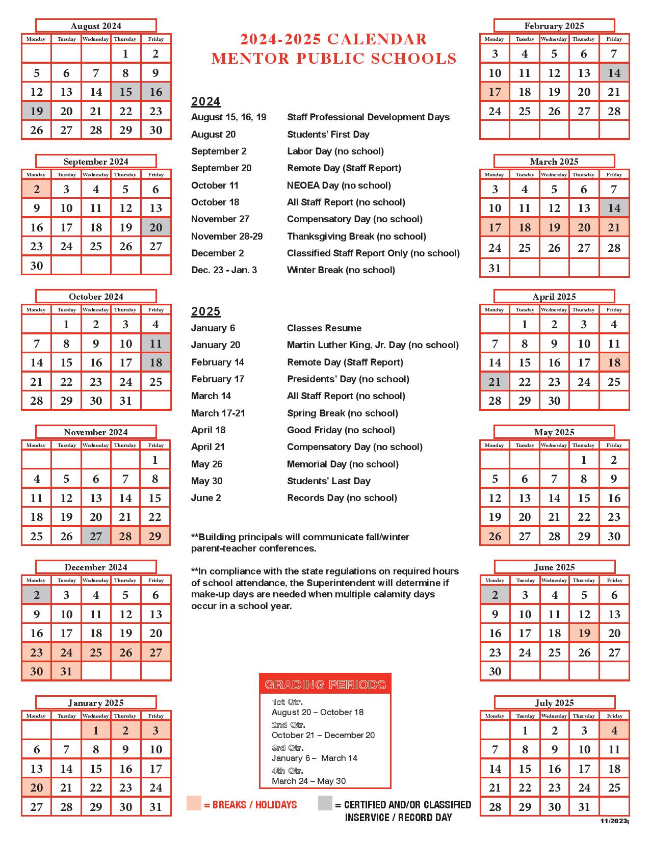 Mentor Public Schools Calendar 20242025 in PDF Holidays