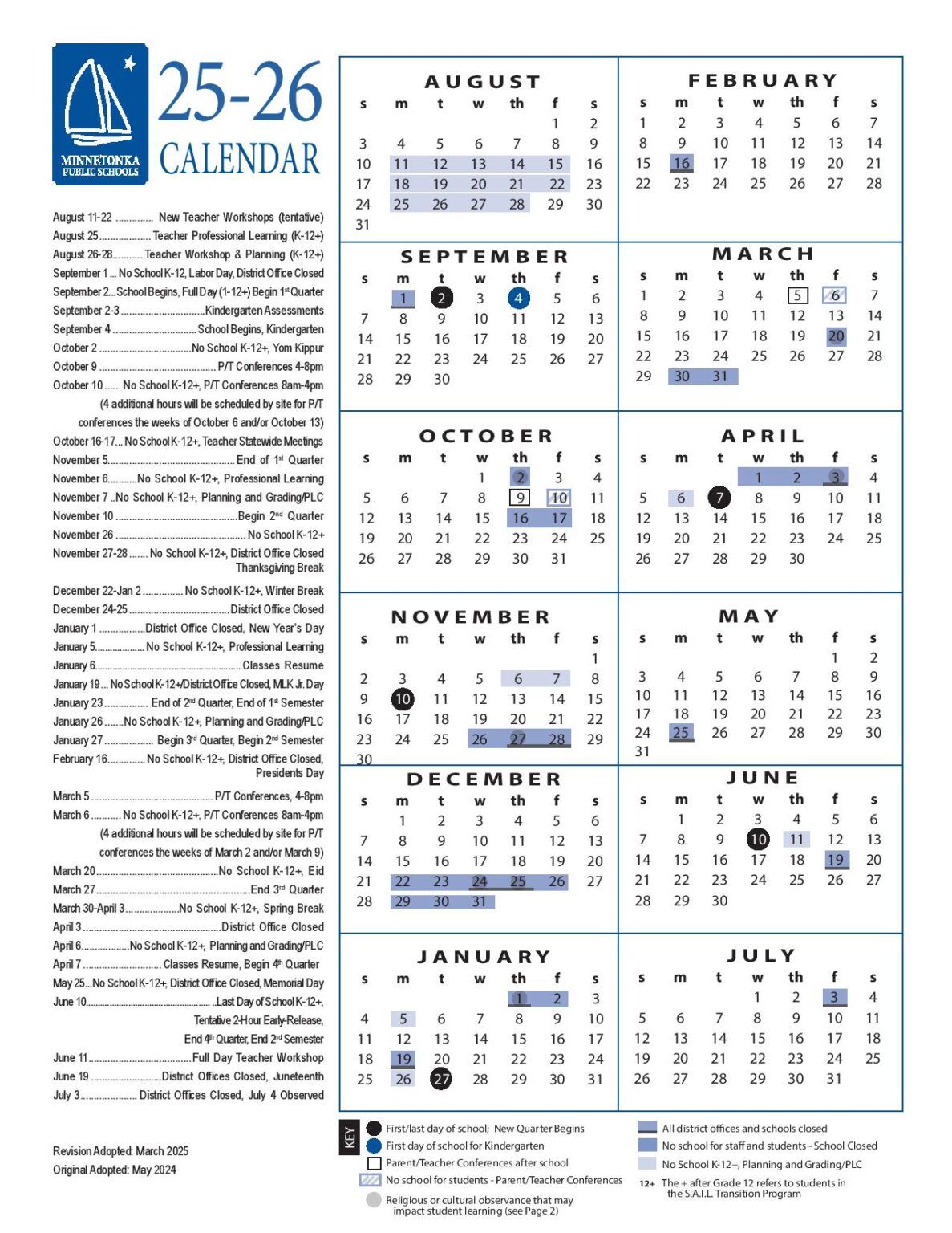 Minnetonka Schools Calendar 2025 2026 in PDF