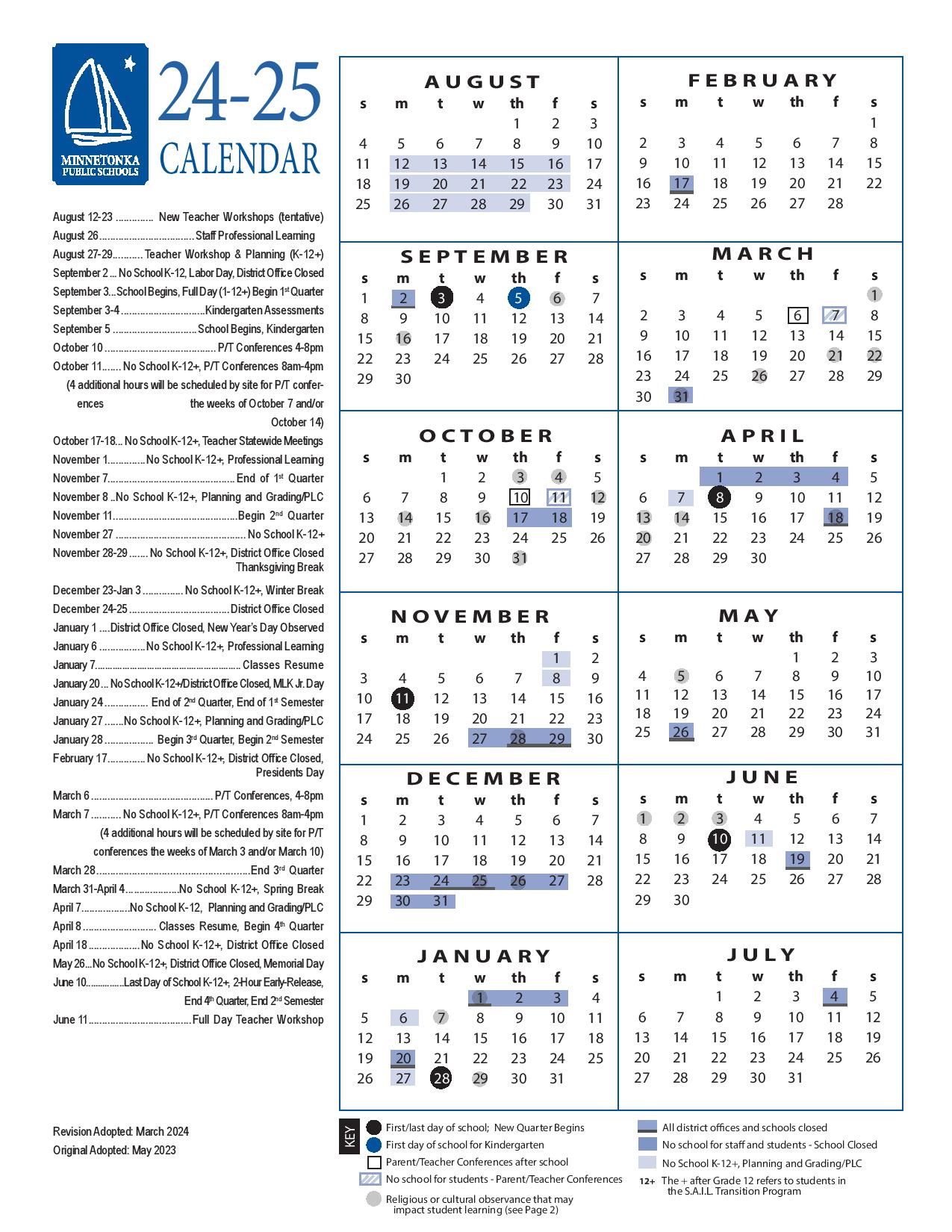 Minnetonka Schools Calendar 2024-2025 in PDF