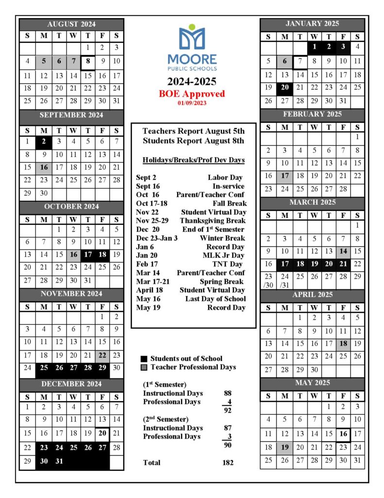 Moore Schools Calendar 2024-2025 in PDF | Holiday Breaks