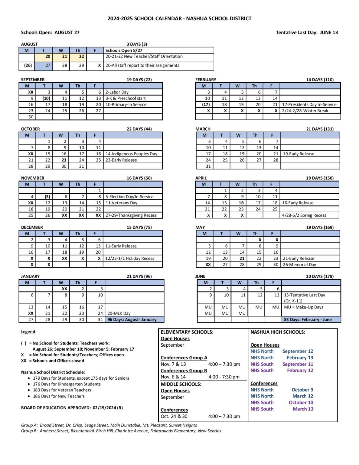 Nashua School District Calendar 20242025 in PDF