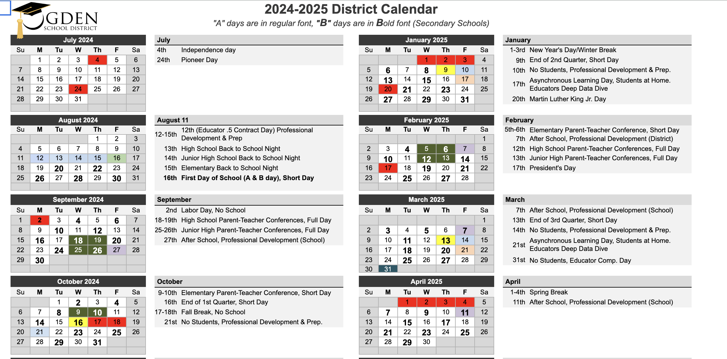 Ogden School District Calendar 2024 2025 in PDF School Calendar Info