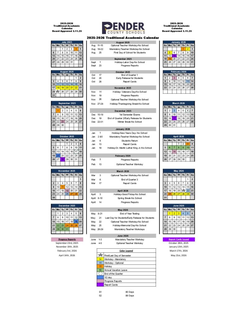 Pender County Schools Calendar 2025-2026