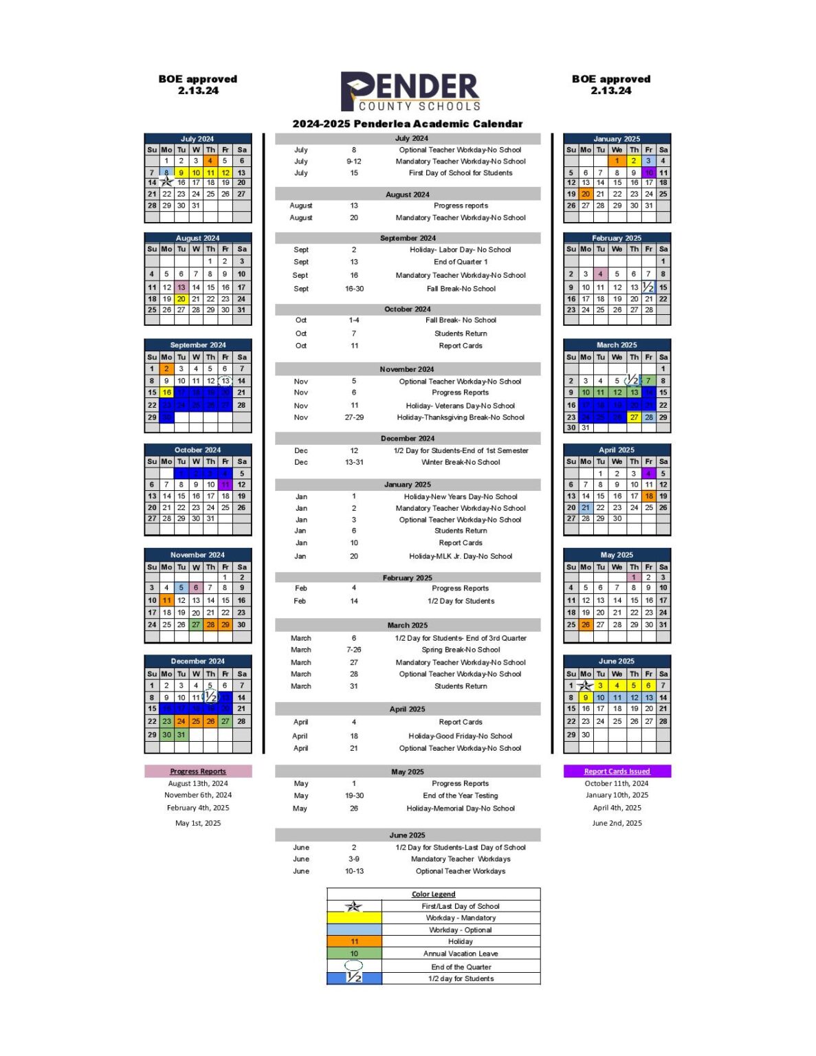 Pender County Schools Calendar 2024-2025 in PDF