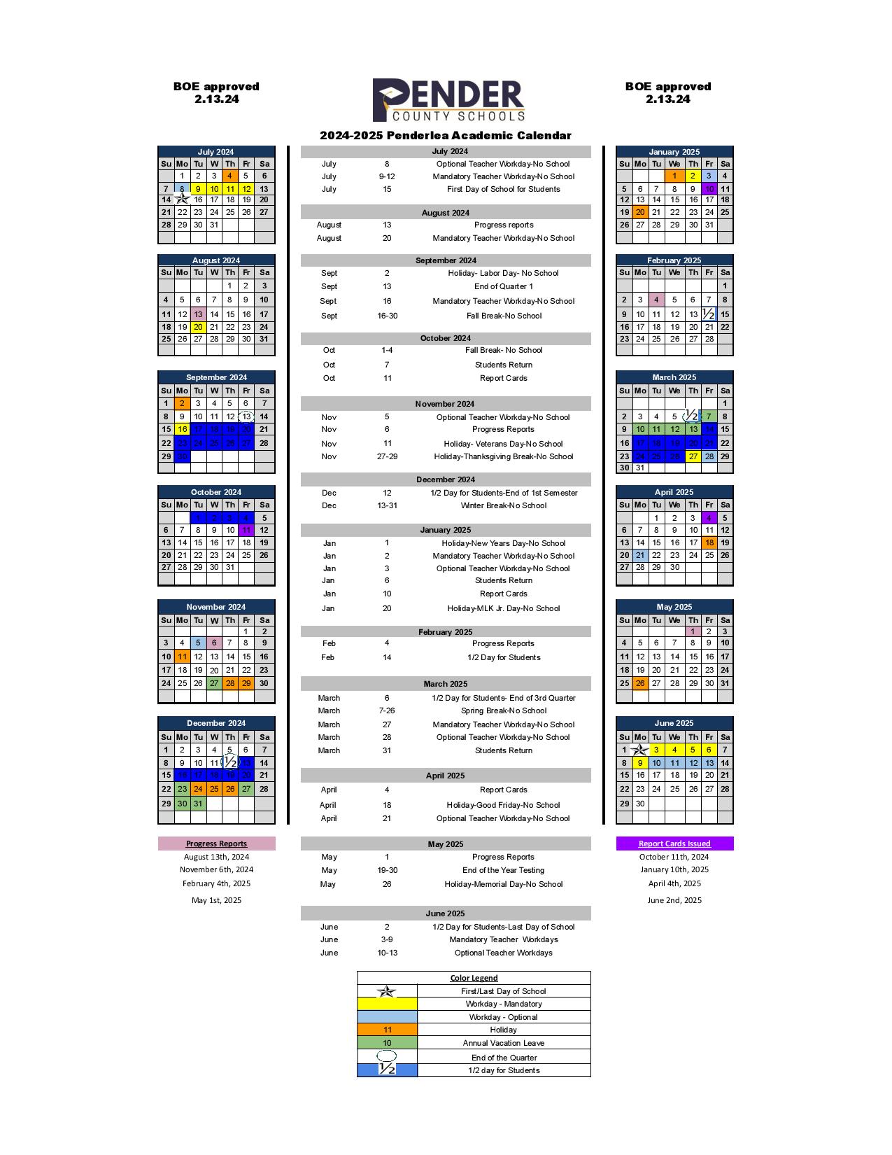 Pender County Schools Calendar 20242025 in PDF