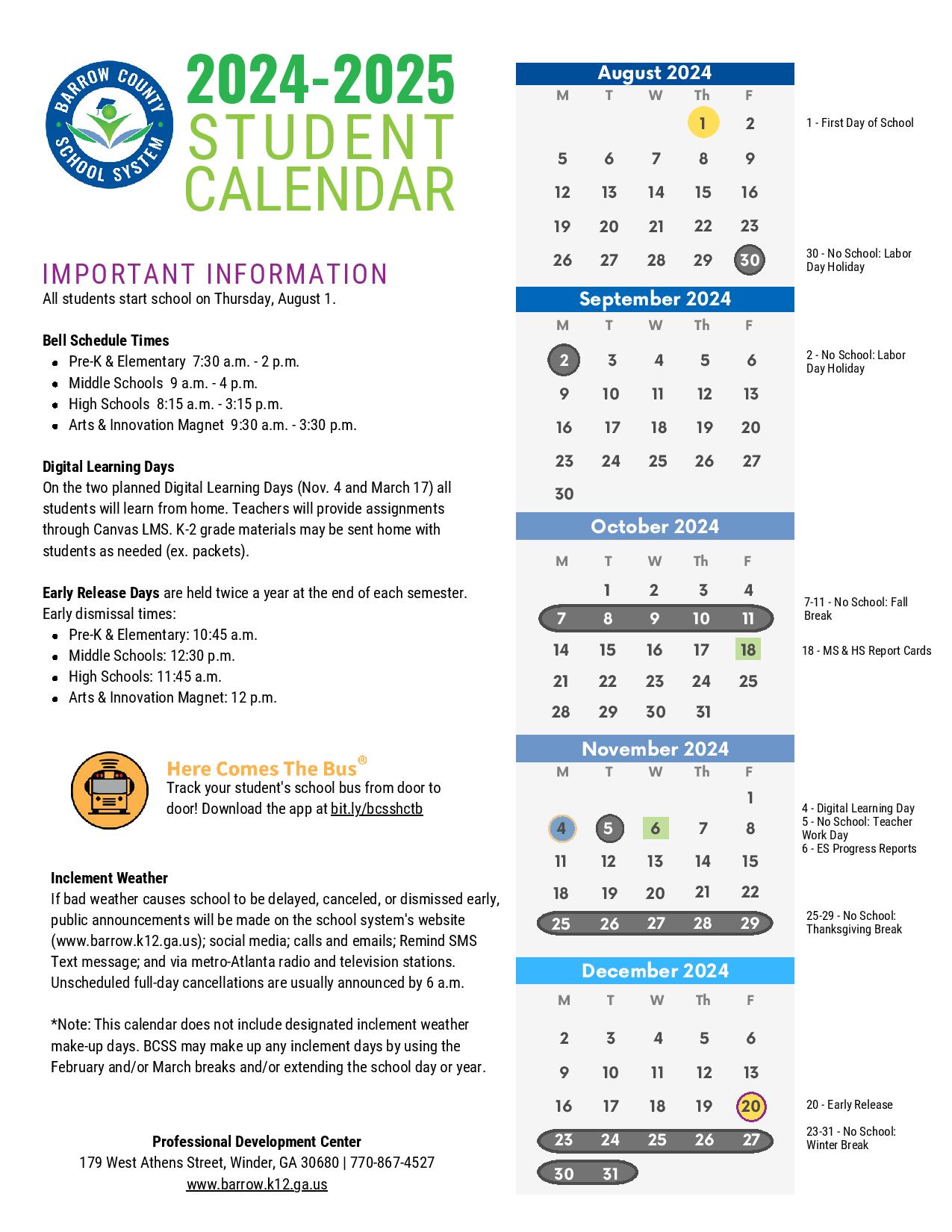 Barrow County Schools Calendar Holidays 20242025 in PDF