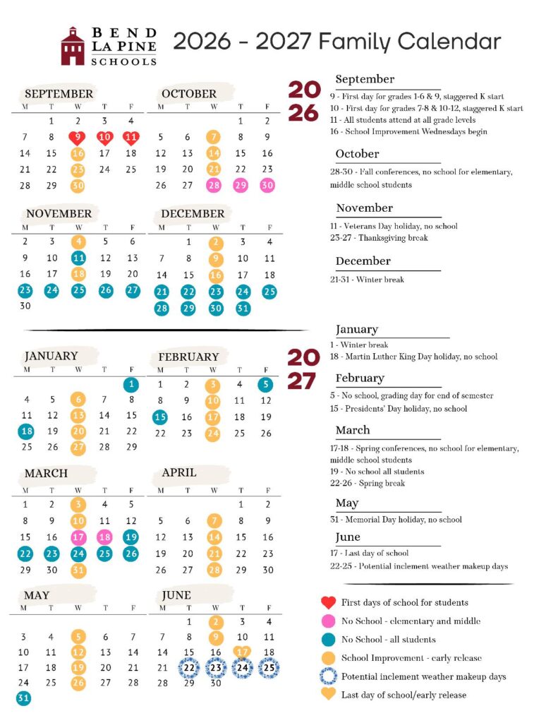 Bend La Pine Schools Calendar 2026-2027