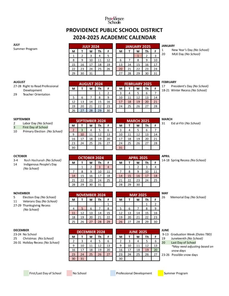 Providence Schools Calendar 20242025 in PDF