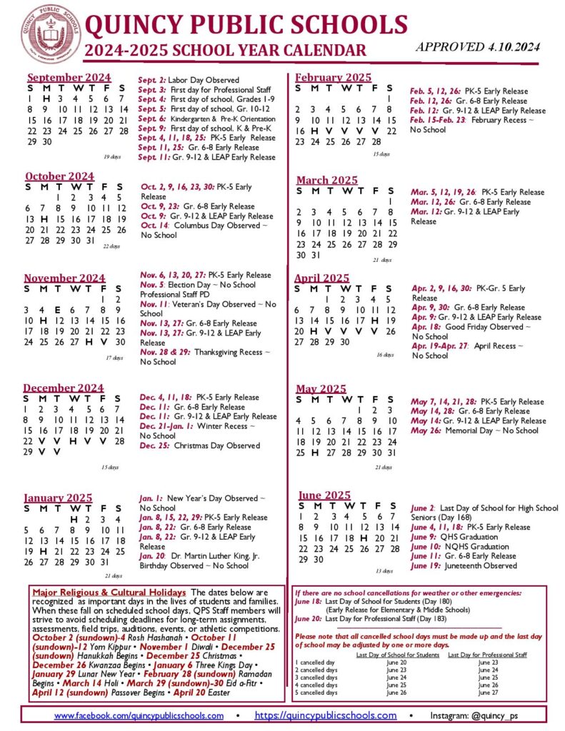 Quincy Public Schools Calendar 2024-2025 in PDF - School Calendar Info