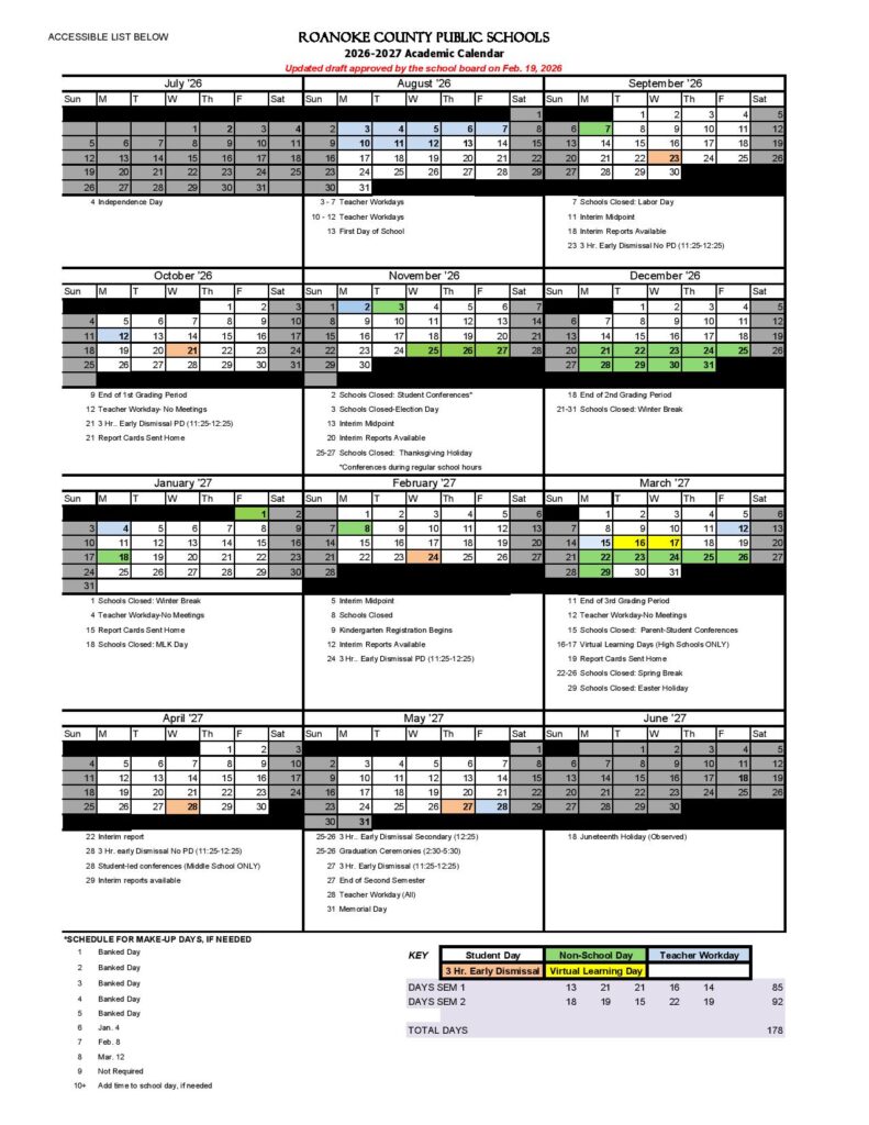 Roanoke City Schools Calendar 2026-2027
