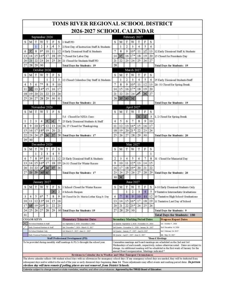 Toms River Schools Calendar 2026-2027