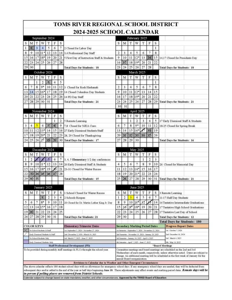 Toms River Schools Calendar Holidays 20242025 in PDF