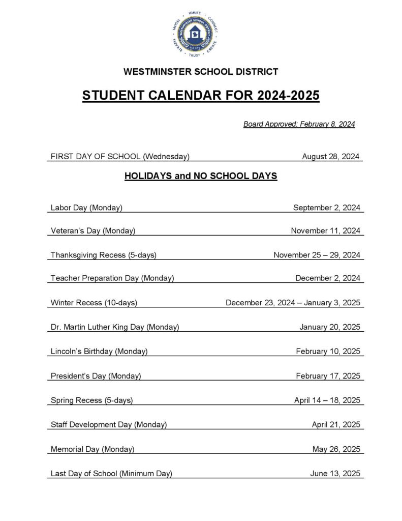 Westminster School District Calendar