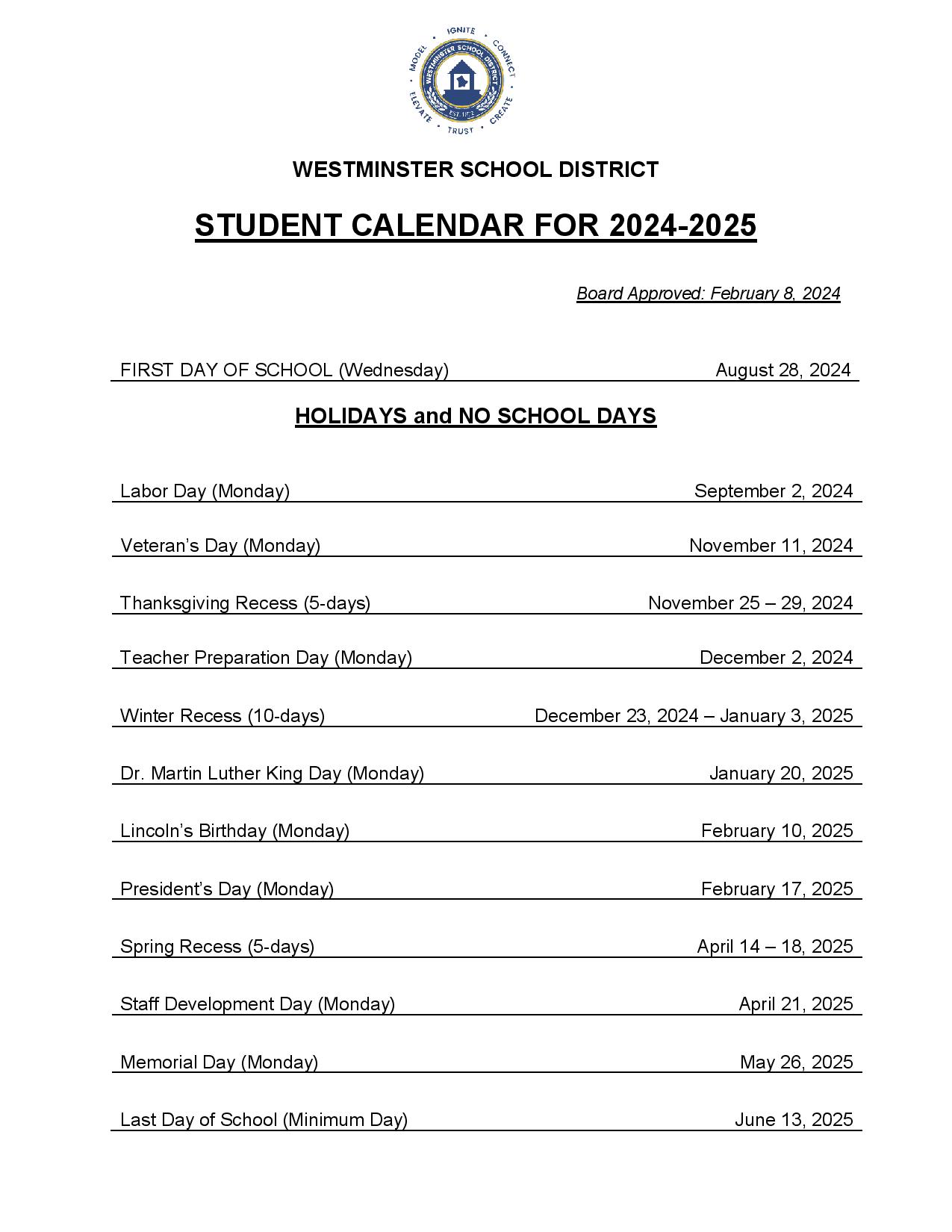 Westminster School District Calendar 20242025 in PDF