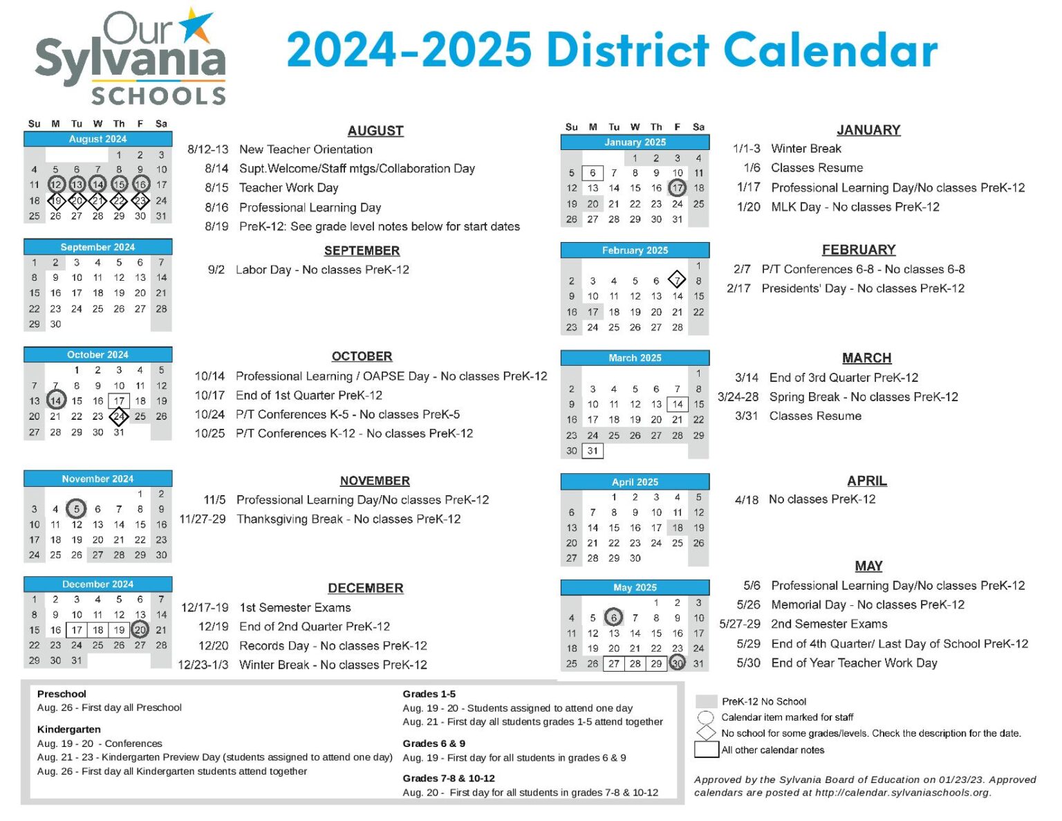 Sylvania Schools Calendar 20242025 in PDF Holiday Dates