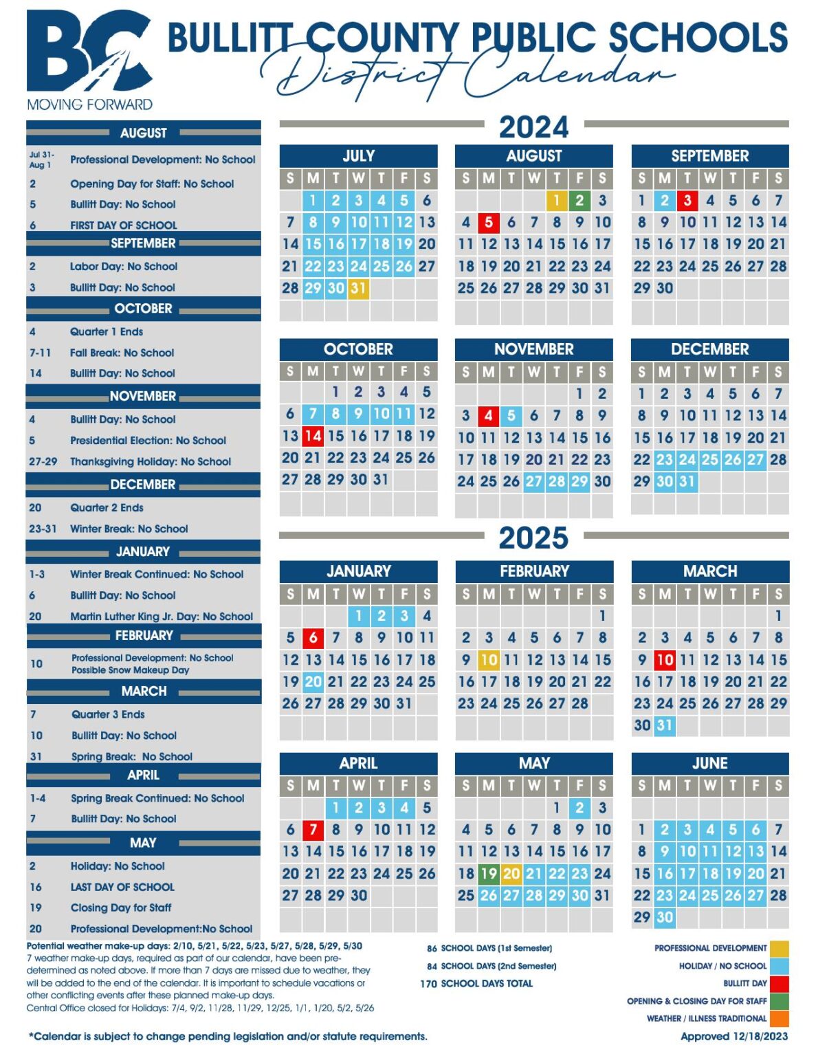 Bullitt County Schools Calendar Holidays 2024 2025 in PDF School
