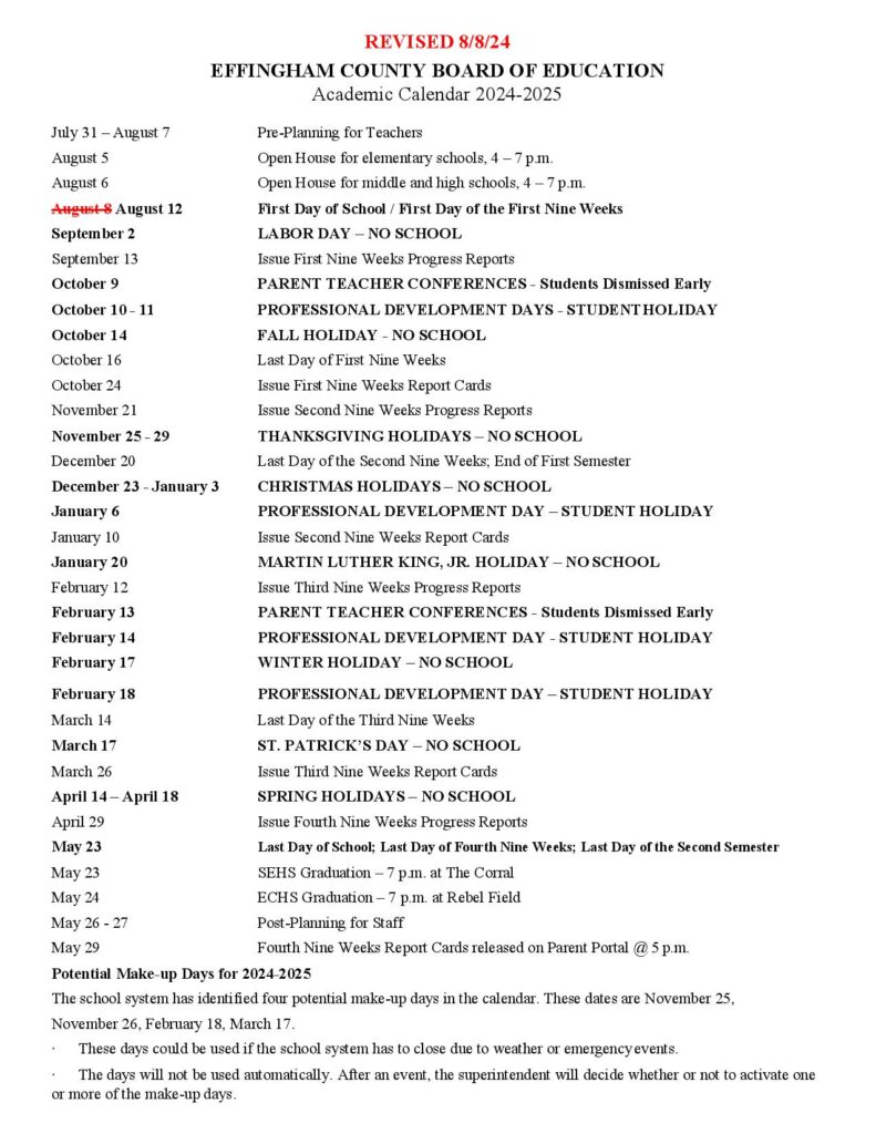 Effingham County Schools Calendar