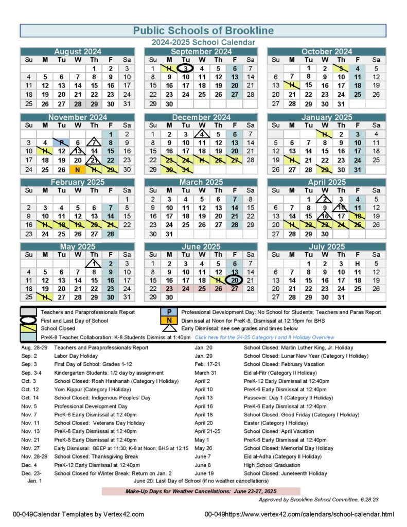 Brookline Public Schools Calendar 2024-2025 in PDF