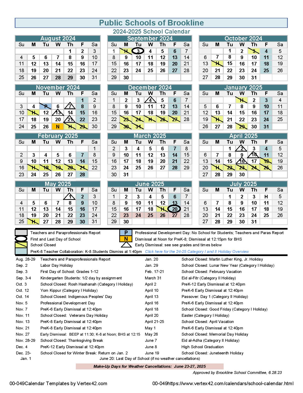 Brookline Public Schools Calendar 20242025 in PDF