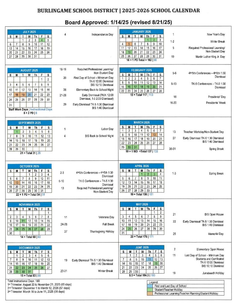 Burlingame School District Calendar 2025-2026
