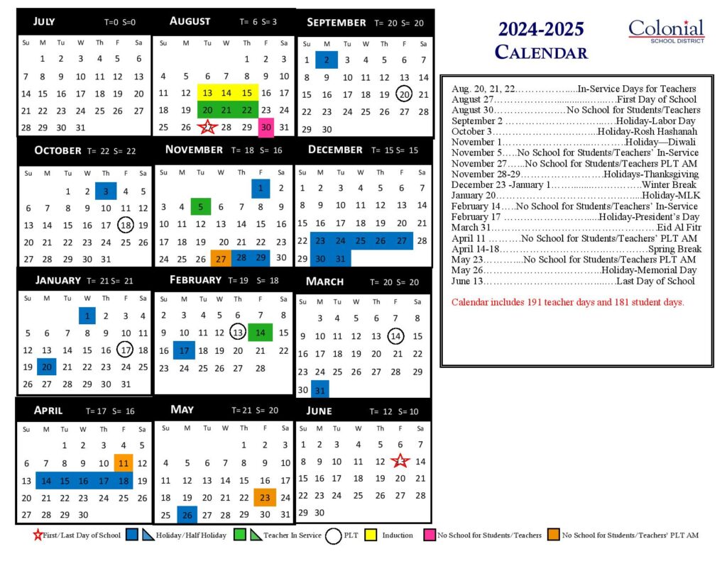 Colonial School District Calendar