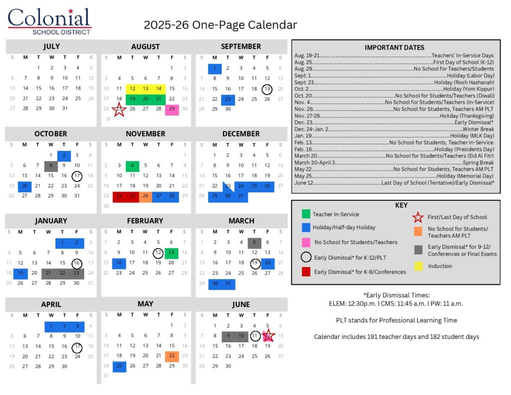 Colonial School District Calendar 2025-2026