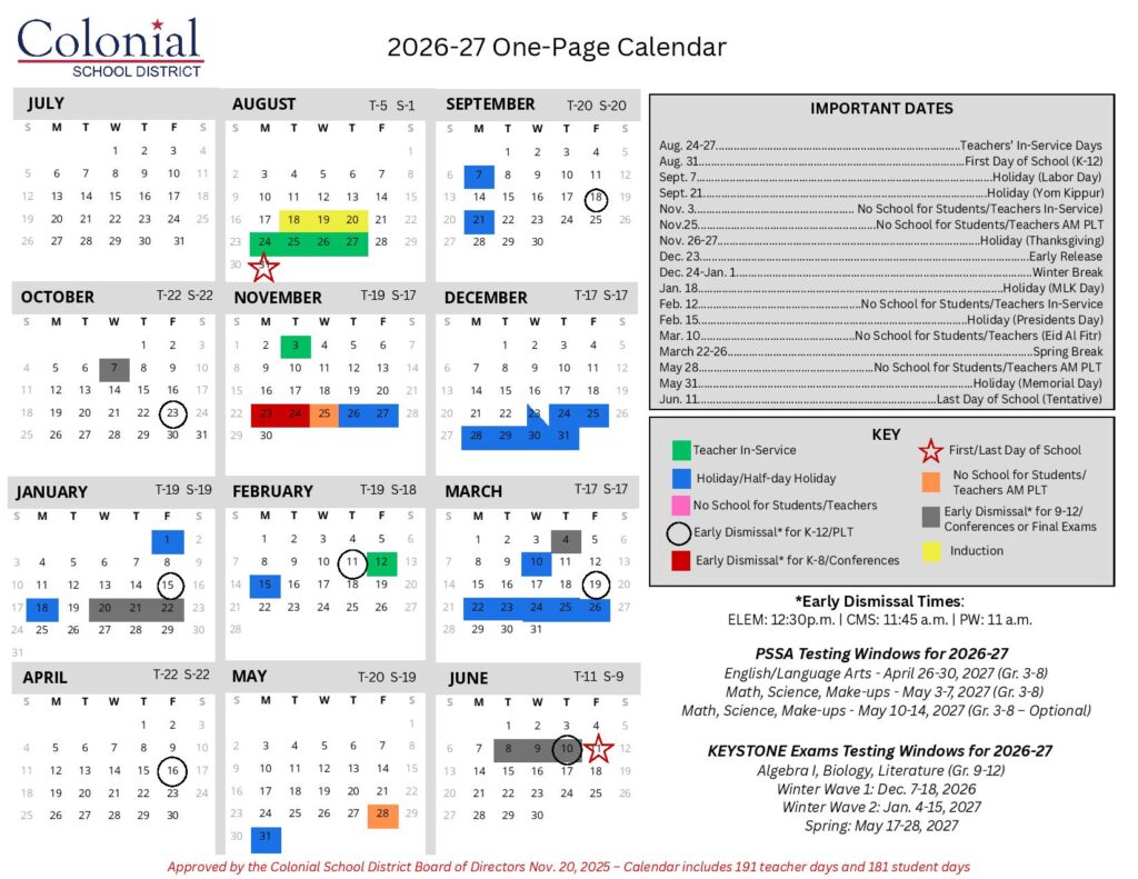 Colonial School District Calendar 2026-2027
