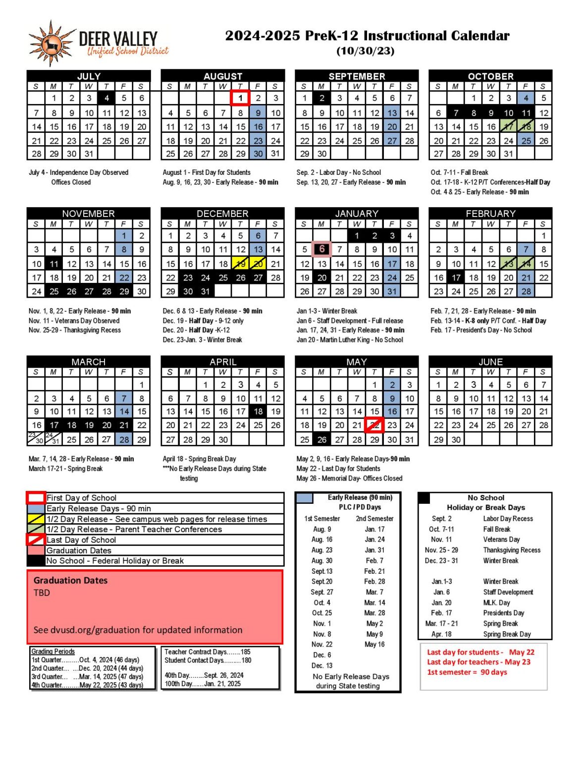 Deer Valley School District Calendar 2024-25  DVUSD Holiday