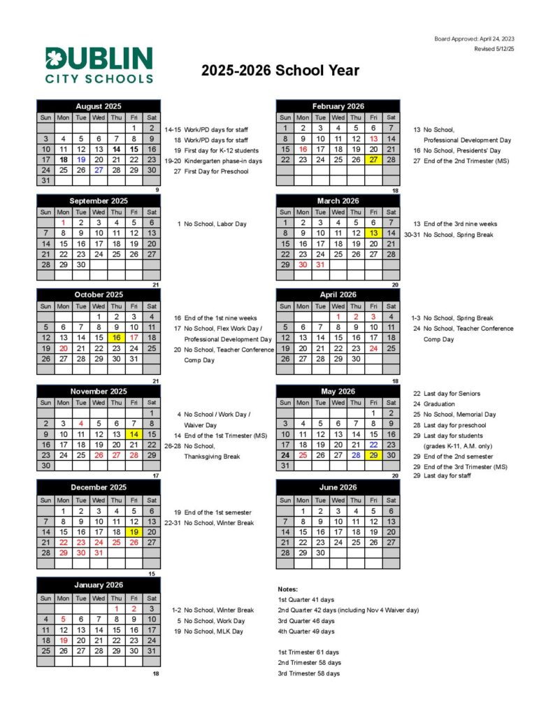 Dublin City Schools Calendar 2025-2026