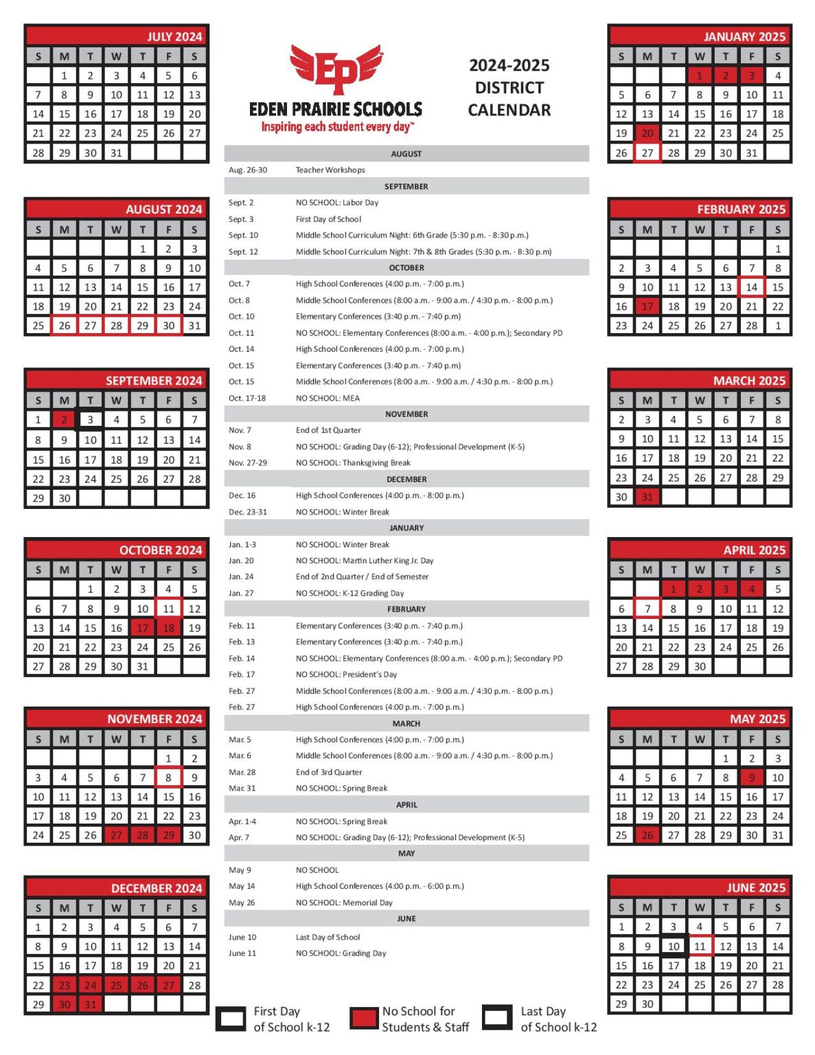 Eden Prairie Schools Calendar 20242025 PDF Holiday Dates