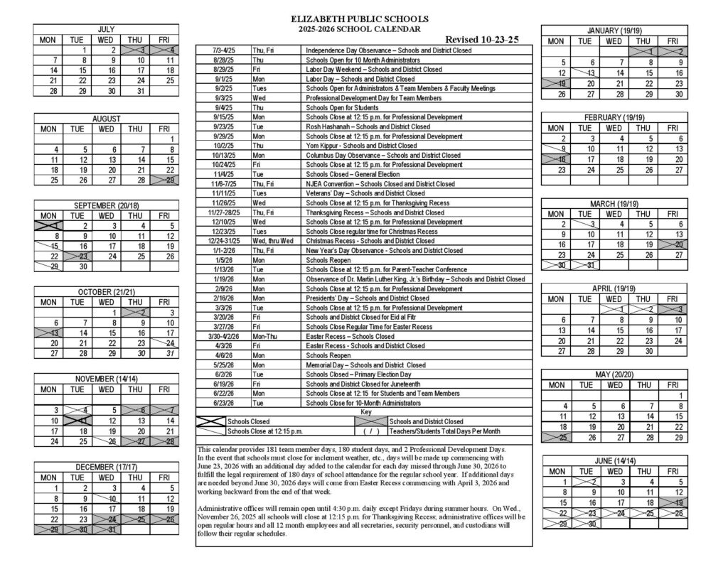 Elizabeth Public Schools Calendar 2025-2026
