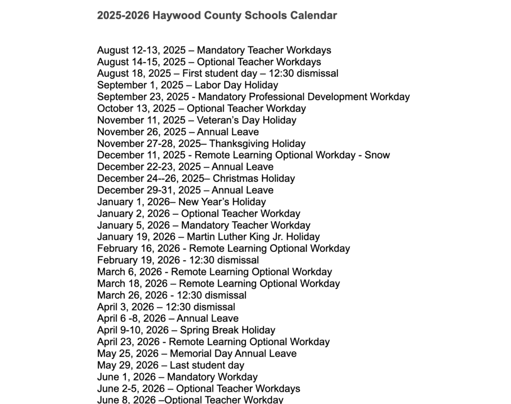 Haywood County Schools Calendar 2025-2026