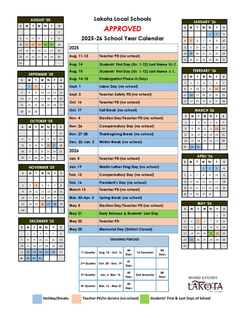 Lakota Schools Calendar 2025-2026
