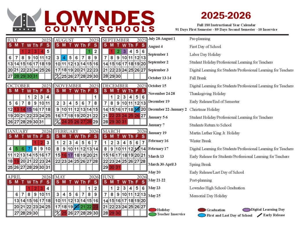 Lowndes County Schools Calendar 2025-2026